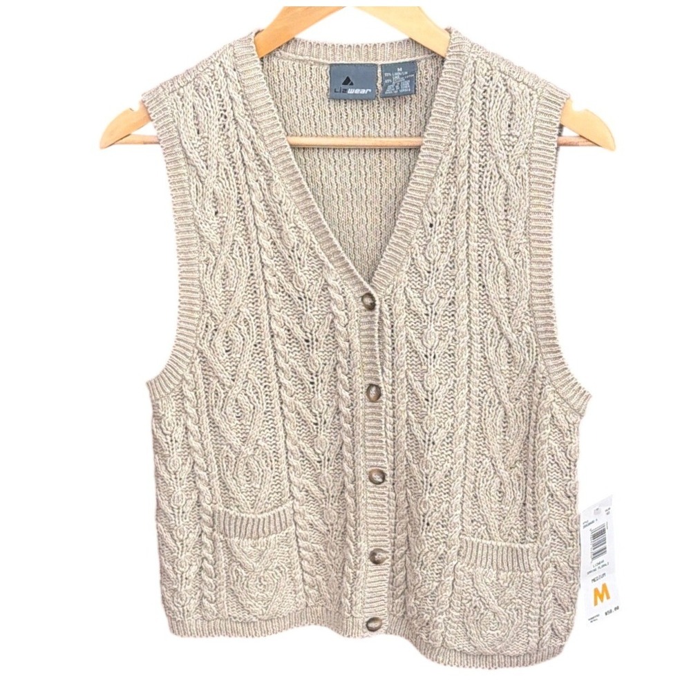 Vintage Lizwear Cable Knit Linen Blend Sweater Vest Grandmacore Coastal Cottage